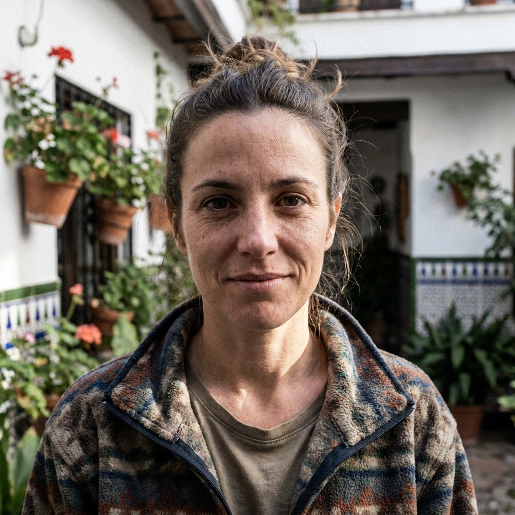 Mujer de unos treinta y cinco años en un patio