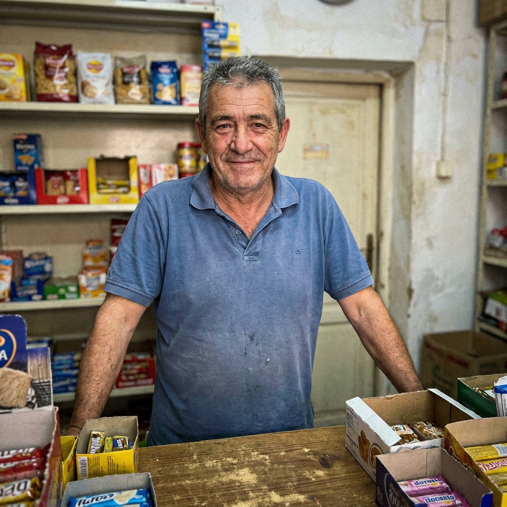 Hombre de unos cincuenta años detrás del mostrador de su tienda