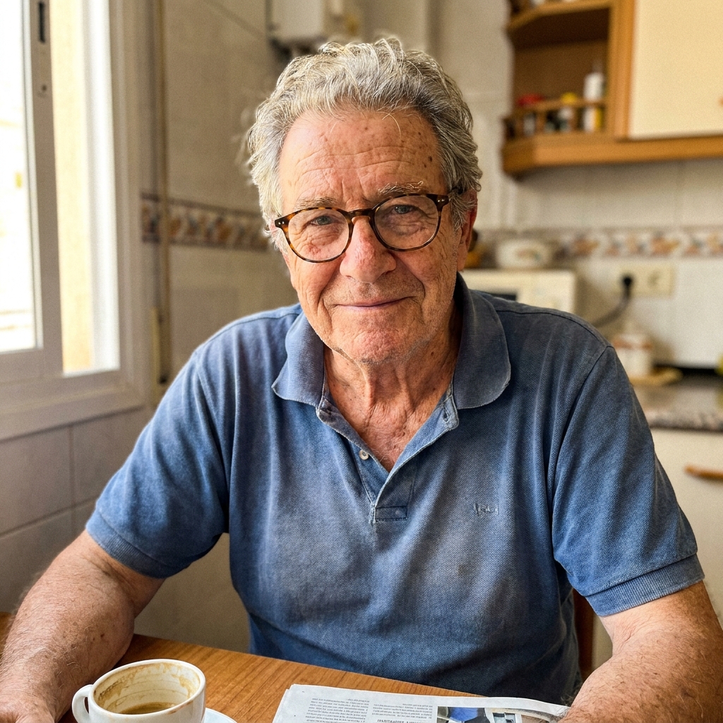 Hombre mayor sentado en la mesa de su cocina