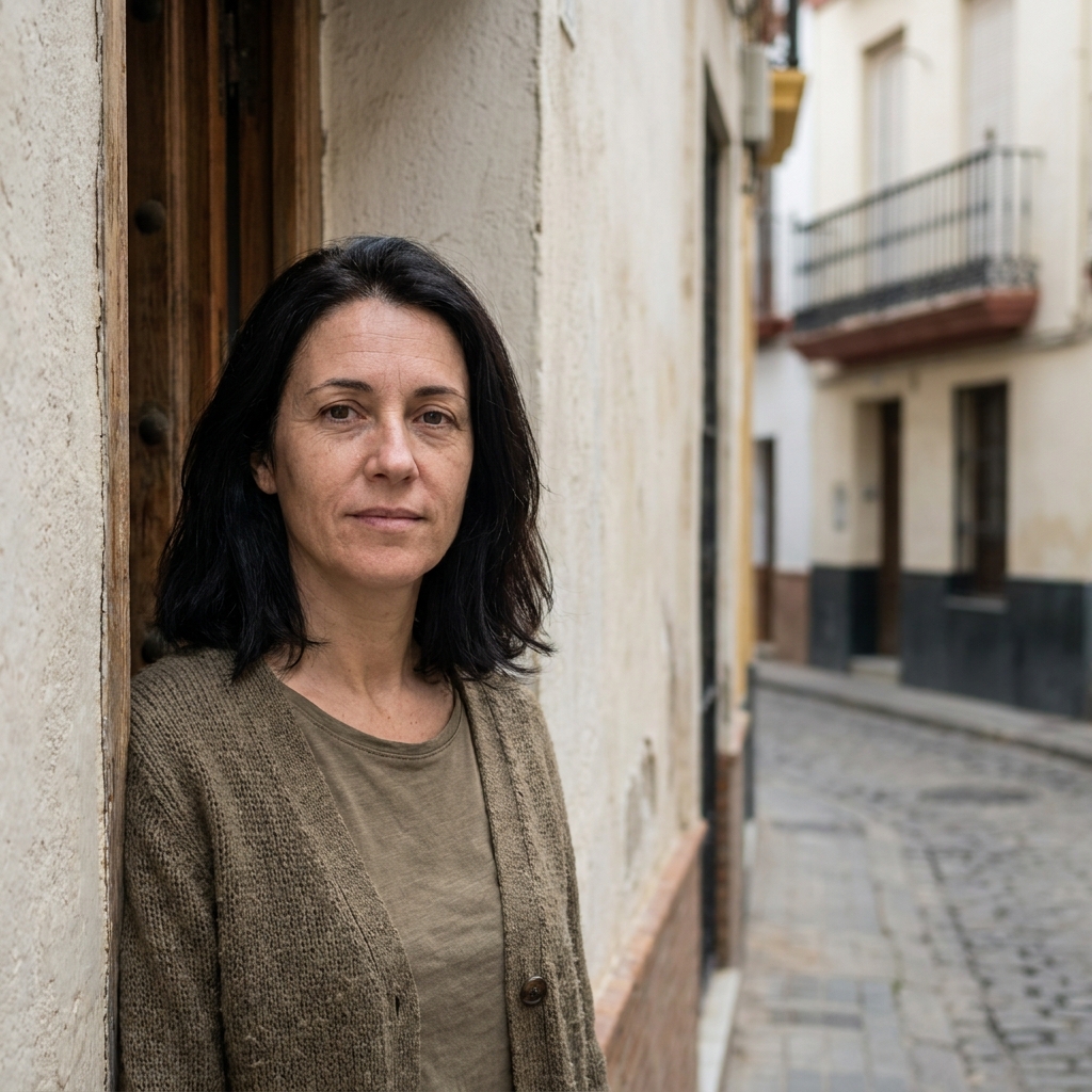 Mujer de unos cuarenta años en la puerta de su casa